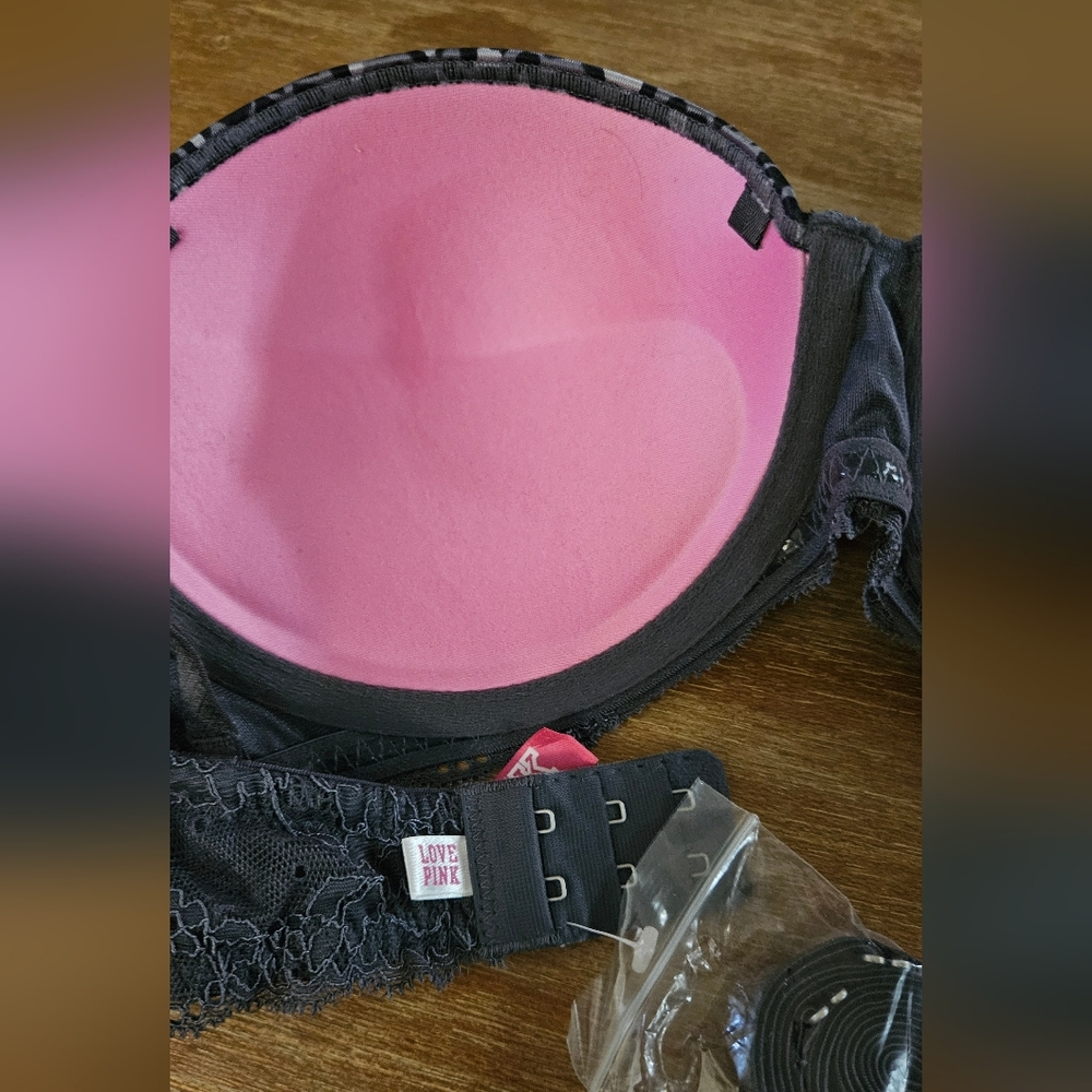 NWT PINK Victoria's Secret Black and Gray Leopard Bra Lace Trim Push Up Bra 34C - Picture 4 of 4